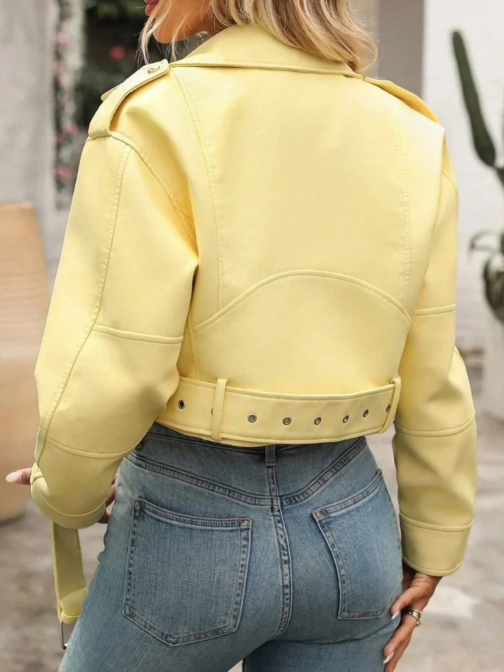 Bright Yellow Casual Women's Minimalist Zip-Up faux leather Short Jacket